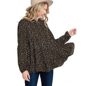 Ott Black Beige Print Long Sleeve Mock Neck Riered Blouse Top Small